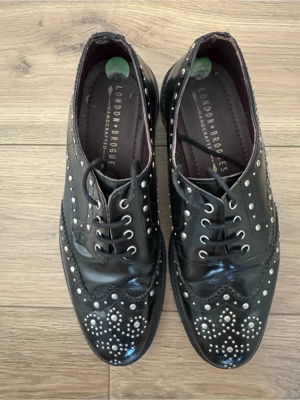 L&B Black Leather Studded Wingtip Oxfords